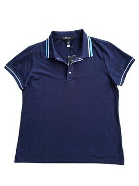 RLX Ralph Lauren Navy Stripe Trim Performance Polo Shirt Tailored Fit Size L